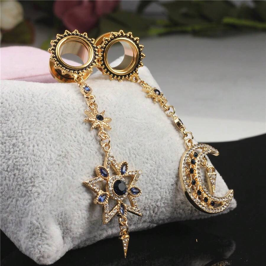 2PCS Stainless Steel Elegant Women Star Moon Ear Gauges Plugs Tunnels Dangle Earring Expander Body Piercing Jewelry Wedding Vacation