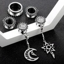 2PCS Stainless Steel Elegant Women Star Moon Ear Gauges Plugs Tunnels Dangle Earring Expander Body Piercing Jewelry Wedding Vacation