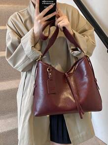 1pc Wine Red Shoulder Tote Bag, Large Capacity For Daily Commute - Burgundy - View 3