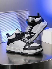 1 paire de baskets montantes pour enfants, en PU, chaussures de course casual d'intérieur/extérieur, faciles à enfiler, légères, respirantes, confortables, design patchwork mode unisexe - Argent - Voir 4