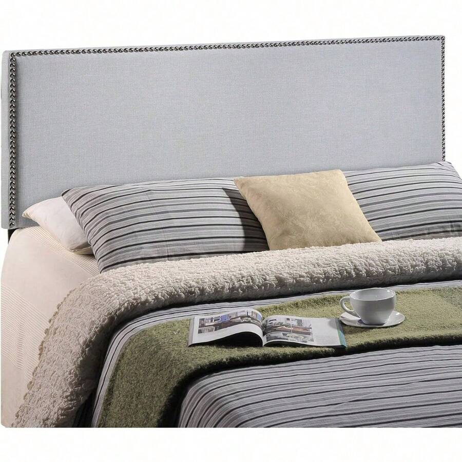 Region Linen Fabric Upholstered Full Headboard In Gray With Nailhead
