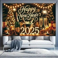 Happy New Year 2025 Polyester Backdrop Perfect For Party & Outdoor Decorations, Home & Garden Celebrations - 1pc - View 7