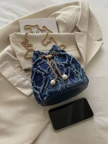 Bolso cubo de hombro con diseño de cordón y apertura con forma de diamante de unicolor y metal de moda, adecuado para compras