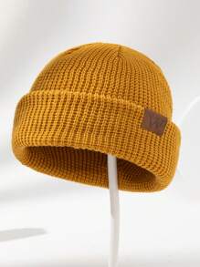 1pc Men's Knit Cap With Leather Label, Suitable For Daily Wear Beanie Fall Outfit - Earthy Yellow - View 2