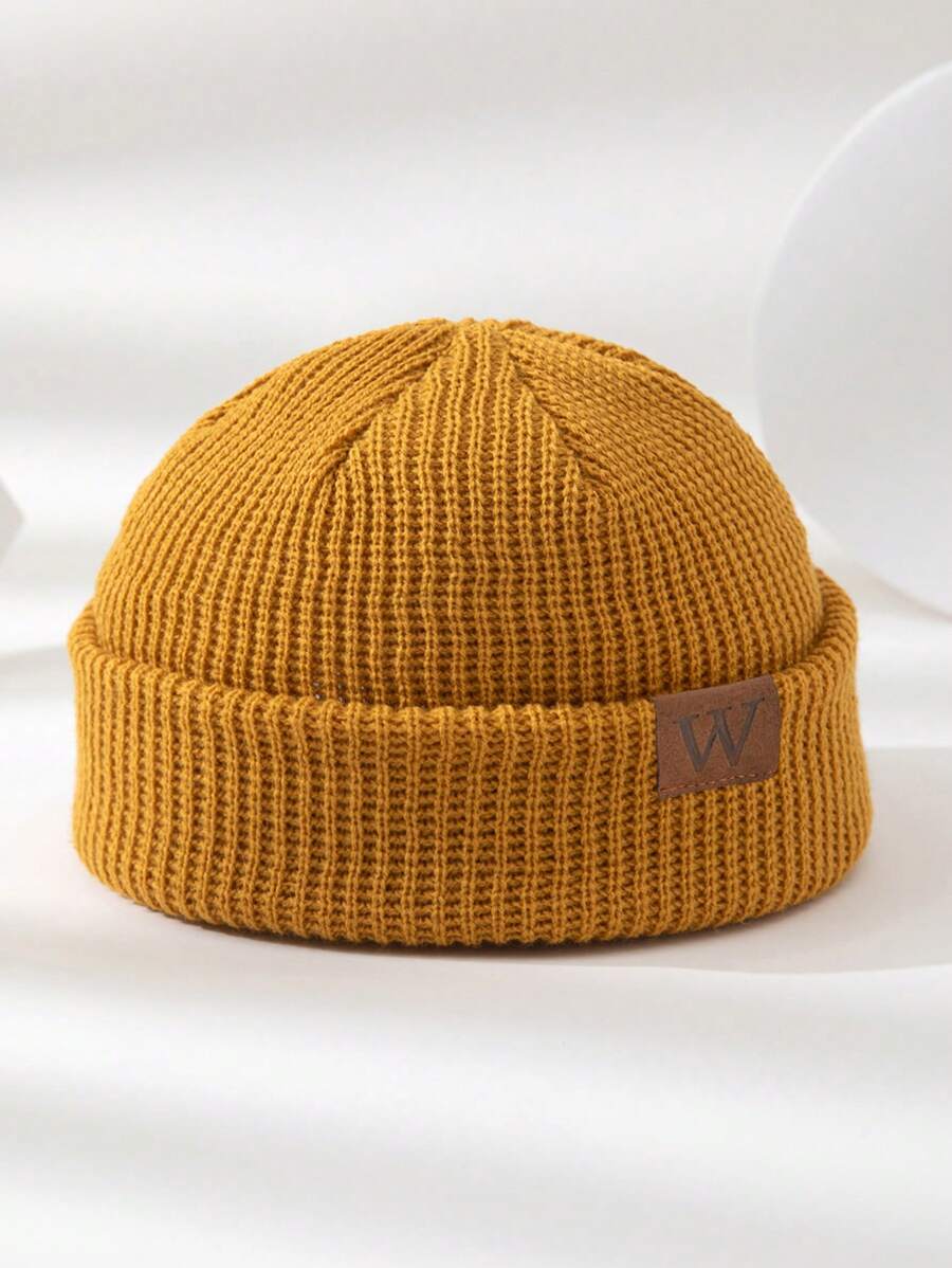1pc Men's Knit Cap With Leather Label, Suitable For Daily Wear Beanie Fall Outfit - Earthy Yellow - View 1