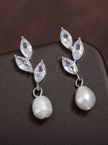 2 件套优雅方晶锆石珍珠新娘伴娘婚礼首饰，适合女性 - 耳環 - 查看 2