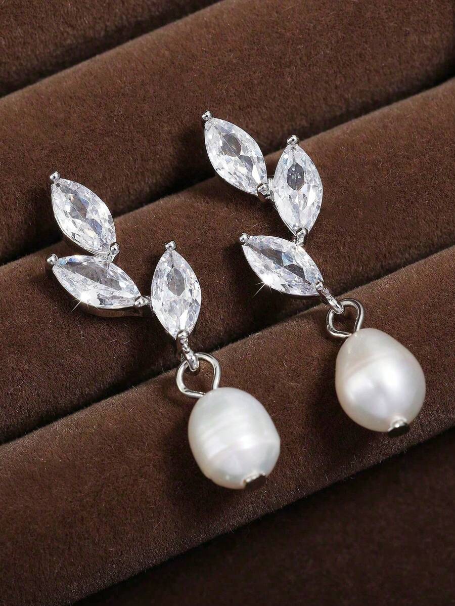 2 件套优雅方晶锆石珍珠新娘伴娘婚礼首饰，适合女性 - 耳環 - 查看 1