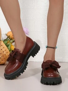 女士圆头厚底靴，带蝴蝶结装饰，时尚一脚蹬乐福鞋，休闲又时尚 - 酒紅色 - 查看 3