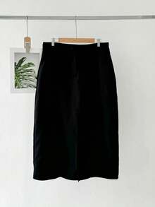Midi Skirt With Front Slit, Loose Fit, Pockets, Elegant, Light And Luxurious, Versatile - màu đen - Xem 2