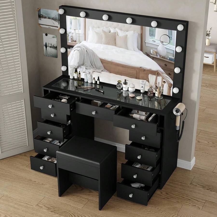 EMUQUD Vanity Desk & Power Outlet, Makeup Vanity With Mirror And 12 LED