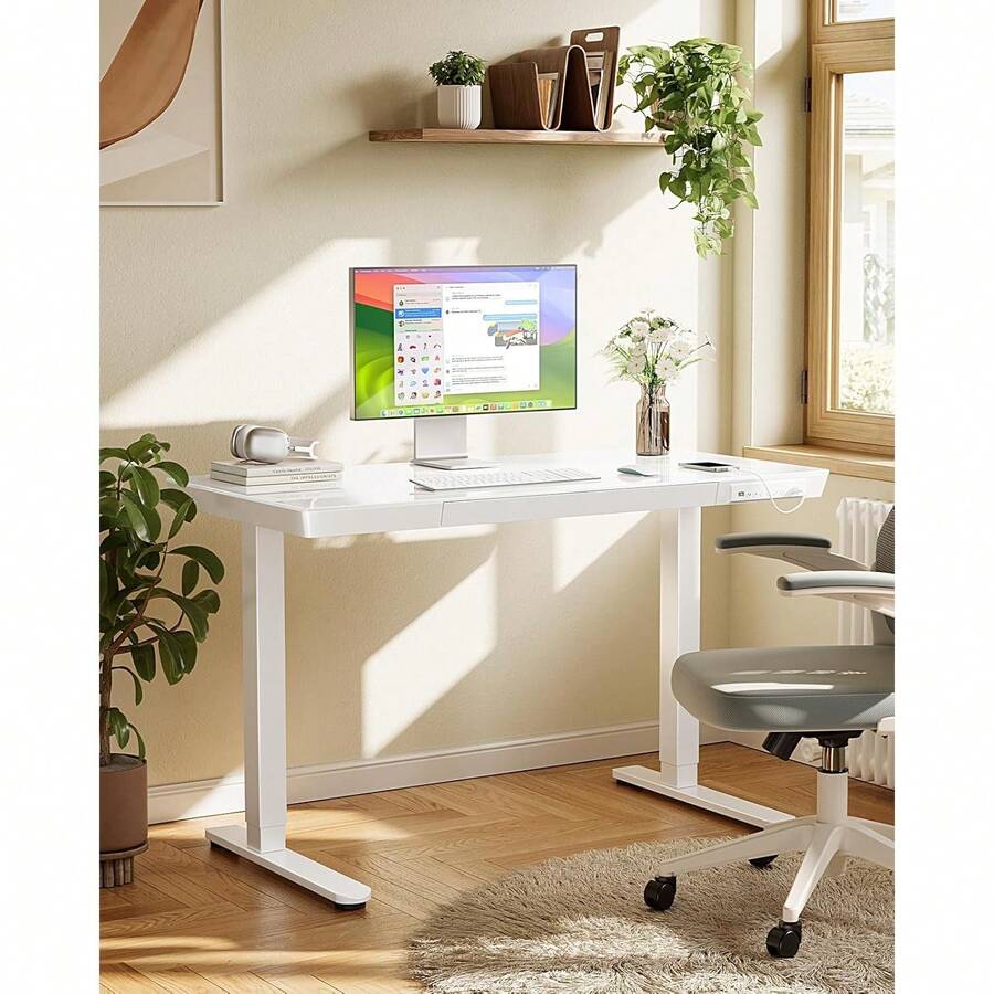 Glass Standing Desk With Drawer, 48 X 24 Inch Electric Standing Desk