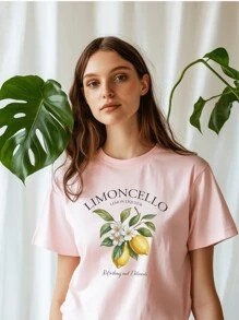 Women's 100% Cotton T-Shirt Minimalist Print Oversized Style T-Shirt Limone Lemon Print - 淺粉色 - 查看 1