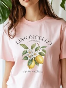 Women's 100% Cotton T-Shirt Minimalist Print Oversized Style T-Shirt Limone Lemon Print - 淺粉色 - 查看 2