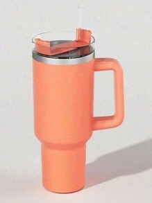 1 件装冷饮杯保温杯带手柄和吸管，不锈钢平底杯带手柄，防漏设计，防尘硅胶盖 - 可重复使用的水瓶带吸管和盖子，户外旅行杯，露营保温水瓶