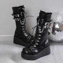 Damskie buty do biegania w stylu punkowym jesień/zima 2025, grube, okrągłe, z bocznym zamkiem błyskawicznym i grubym dnem, czarne, regulowane, płaskie buty z klamrą, damskie wysokiej klasy, do pracy na świeżym powietrzu, lekkie, antypoślizgowe, za kolano