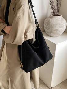 1 件女士仿麂皮多功能手提包 - 新款软皮休闲百搭优质时尚背包、单肩包、手提包，带多个口袋和大容量，适合通勤、零钱包、防盗拉链、隐藏口袋 - 黑色 - 查看 3