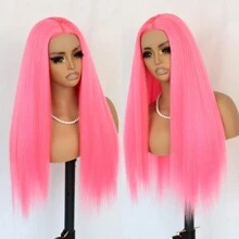 13x4 Pink Synthetic Lace Front Wigs Long Straight Pink Wigs 180 Density Pre Plucked Straight Lace Front Wigs Ready To Wear Wigs Pink Lace Frontal Straight Wigs Heat Resistant Fiber Hair Synthetic Lace Front Wigs For Women Daily Use 28 Inch - 粉色 - 查看 2