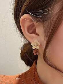 1 对时尚彩绘花朵耳环，深秋冬色调，优雅精致的耳环，适合女性日常休闲佩戴 - 彩色 - 查看 7