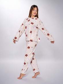 Women's 2-Piece Fleece Pajama Set, Peaches & Bears Collection - 香檳色 - 查看 4