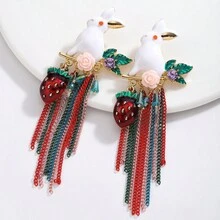 Bộ 2 bông tai tua rua hình thỏ và hoa dâu Boho, Phụ kiện trang sức thời trang phù hợp cho phụ nữ, món quà lý tưởng cho bạn bè - bông tai thỏ - Xem 4