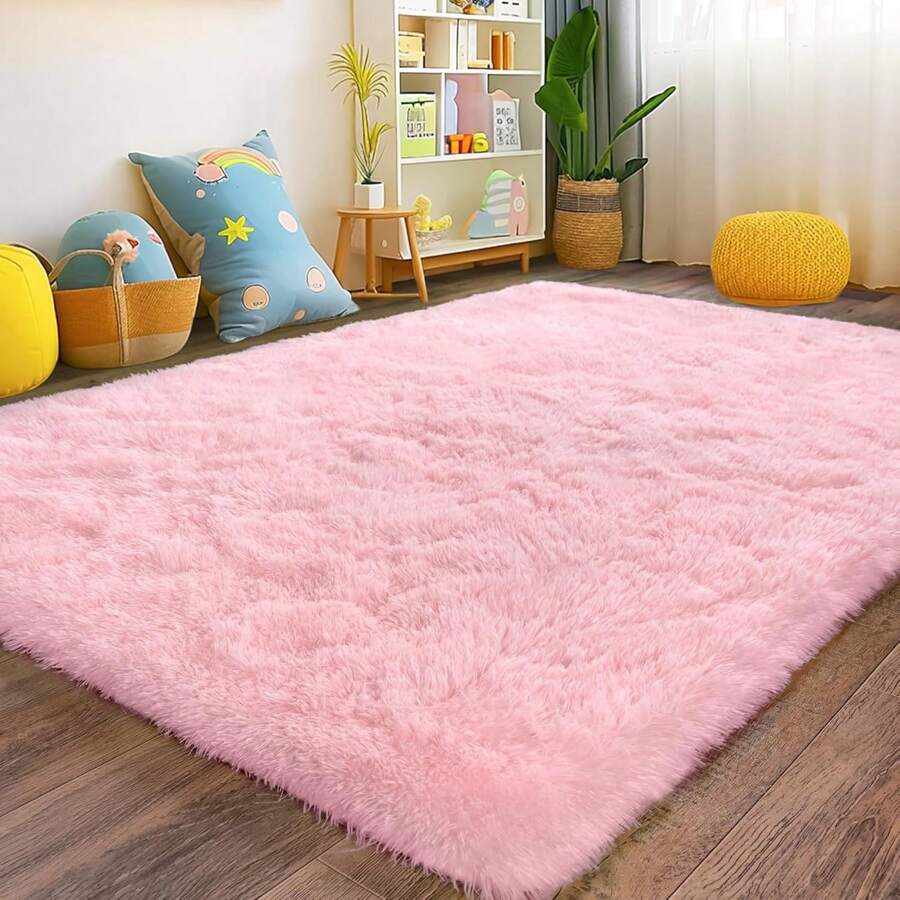 Fluffy Modern Area Rugs For Living Room Bedroom,Plush High Pile Purple Rug For Kids Girls Room Nursery Home Decor, Upgrade Non-Slip Girls Bedroom Soft Indoor Rug - 粉色 - 查看 1