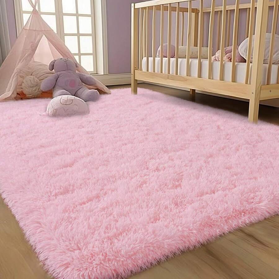 Fluffy Modern Area Rugs For Living Room Bedroom,Plush High Pile Purple Rug For Kids Girls Room Nursery Home Decor, Upgrade Non-Slip Girls Bedroom Soft Indoor Rug - 粉色 - 查看 1