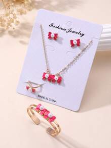 5pcs/Set Girls Bow Decoration Necklace, Bracelet, Earrings, Ring Jewelry Set