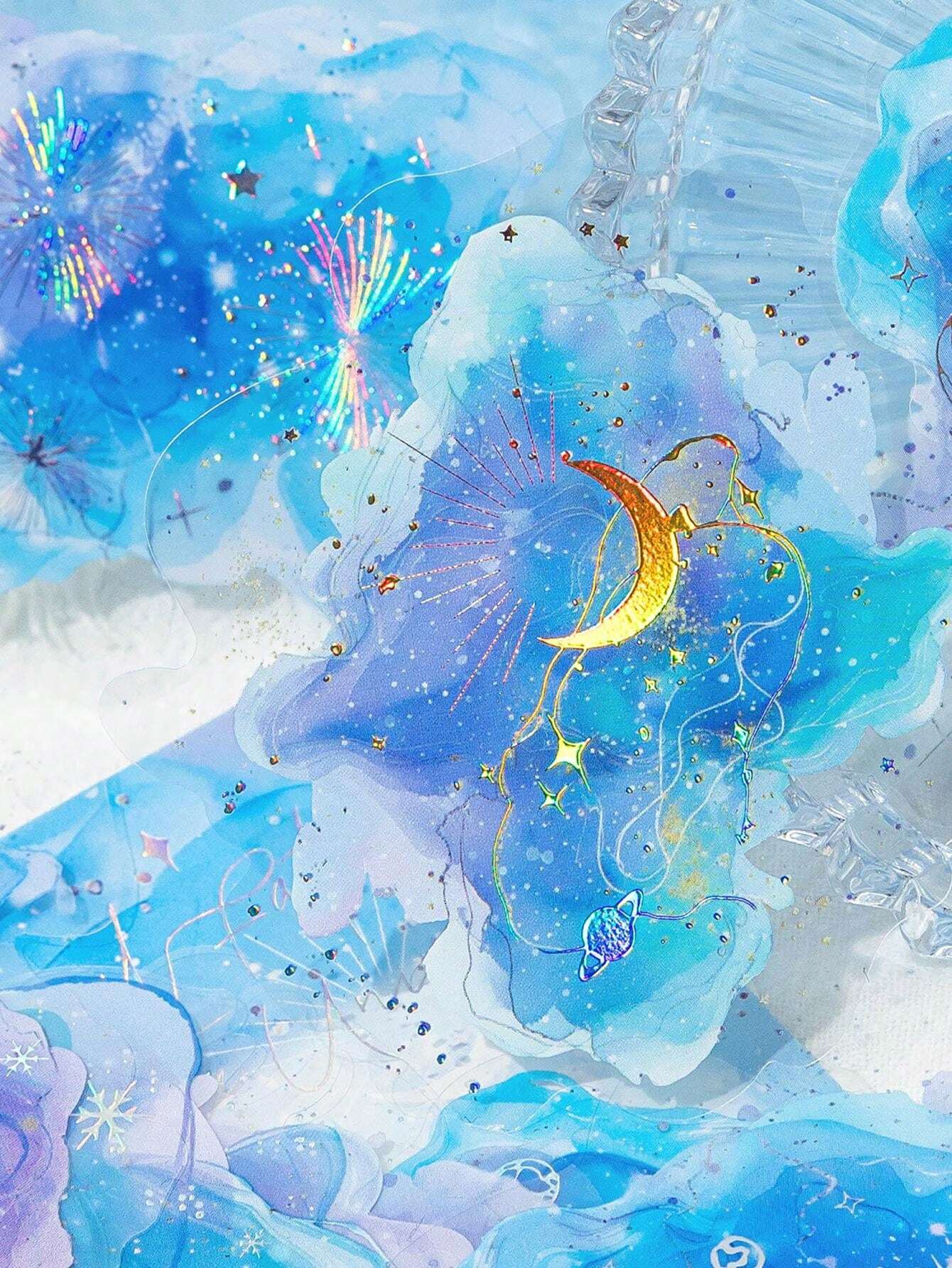 10pcs/Pack 3D Laser Silver PET Stickers, Iridescent & Watercolor Tie