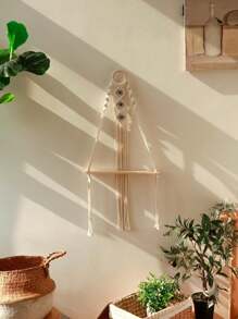 Wisząca półka makramowa z frędzlami - boho ścienna drewniana półka do wystroju domu, ręcznie robiona półka z liny z wzorem oka do salonu, sypialni lub biura, idealna do eksponowania roślin i małych przedmiotów dekoracyjnych