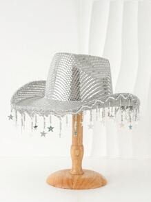 1pc Women Unisex Metallic Silver Sequin Bling Retro Cowboy Hat With Unique Luxury Star Pendant Decoration, Nashville Single Lady Hat, Punk Style Wide Brim Hat, Street Fashion Suitable For Halloween, Christmas Party, Western Theme Event, Gathering, Engagement Party, Role-Playing, Graduation Ceremony