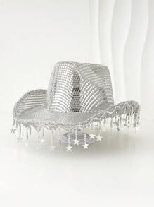 1pc Women Unisex Metallic Silver Sequin Bling Retro Cowboy Hat With Unique Luxury Star Pendant Decoration, Nashville Single Lady Hat, Punk Style Wide Brim Hat, Street Fashion Suitable For Halloween, Christmas Party, Western Theme Event, Gathering, Engagement Party, Role-Playing, Graduation Ceremony