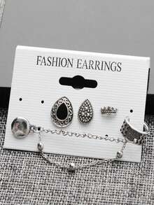 4 chiếc khuyên tai chuỗi trang trí hình vương miện Boho cổ điển & hình giọt nước, thiết kế cá nhân, phù hợp cho phụ nữ đeo hàng ngày, chụp ảnh, quà tặng sinh nhật cho gia đình và bạn bè - Màu Bạc Cổ - Xem 4