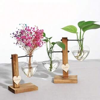 1 件木制框架玻璃水培花瓶，创意心形木制干花架，现代植物繁殖站桌面花盆球茎花瓶，桌面装饰，木制架子花瓶装饰，卧室装饰，秋季农舍房间装饰，家居装饰，春节装饰