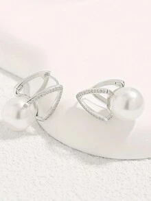 1 Cặp bông tai pha lê hình chữ V đính đá Cubic Zirconia sang trọng bằng bạc Sterling 925 và ngọc trai giả tự nhiên, món quà tuyệt vời cho gia đình và bạn bè vào Lễ Tạ ơn, Giáng sinh, kỷ niệm hoặc sinh nhật - Bạc - Xem 2