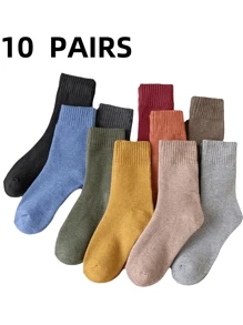 10 đôi tất lông cừu dày màu trơn cho nam, tất cổ điển cao đến giữa bắp chân, thấm hút mồ hôi, mùa đông - Nhiều màu - Xem 1