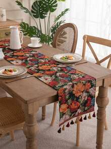 1 chiếc khăn trải bàn tua rua họa tiết hoa nhiều màu trên nền đen theo phong cách cổ điển, vỏ bọc ghế sofa bằng vải gấm polyester, vải phủ tủ TV - màu đen - Xem 10