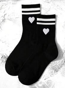 2 pares de calcetines de tripulación de mujer con diseño de corazones sólidos y a rayas, versátiles, de moda, simples, suaves, cómodos y transpirables, ideales para el verano