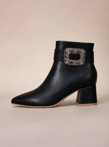 European And American Style Black Leather Point Toe Chunky Heel Ankle Boots With Side Zipper For Women, Autumn/Winter