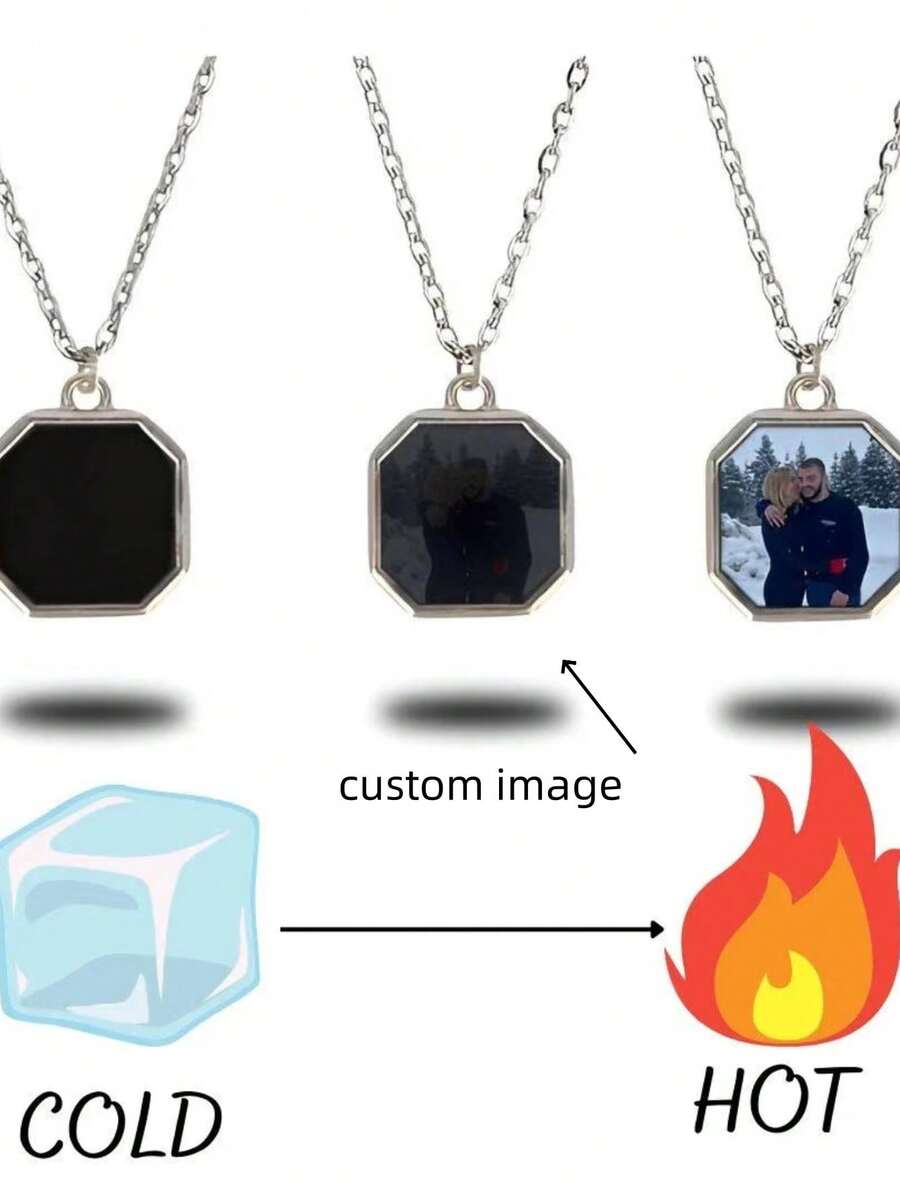 Custom NecklaceA Cross-Border European Metal Geometric Square Personalized Heat Activated Magic Plus Patterned Necklace And Picture Explosion