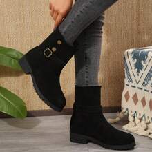 女式粗跟绒面黑色纽扣踝靴，2024 新款秋冬圆头性感拉链靴，休闲时尚西部靴 - 黑色 - 查看 3