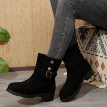 女式粗跟绒面黑色纽扣踝靴，2024 新款秋冬圆头性感拉链靴，休闲时尚西部靴 - 黑色 - 查看 5