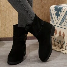 女式粗跟绒面黑色纽扣踝靴，2024 新款秋冬圆头性感拉链靴，休闲时尚西部靴 - 黑色 - 查看 4