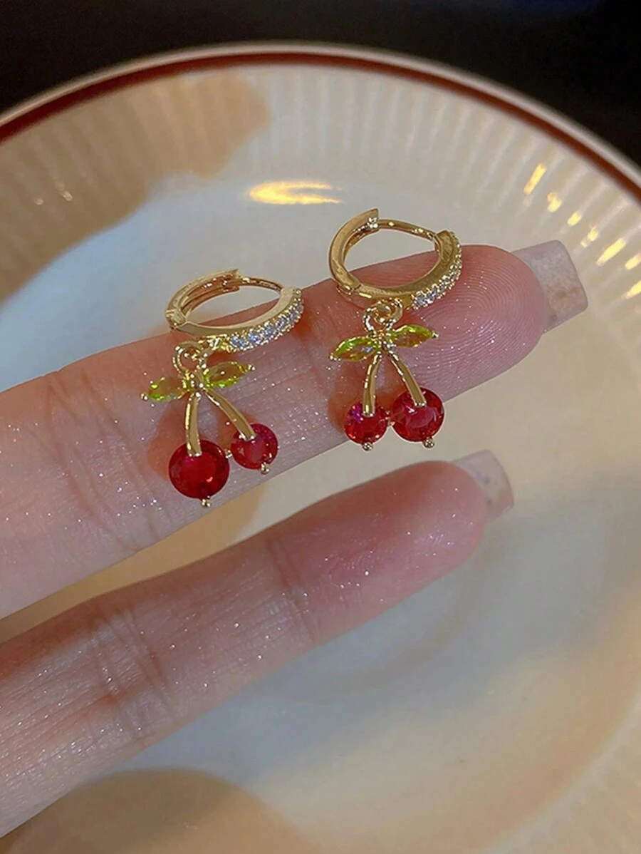 1 Pair Cute & Delicate Water Drop Shaped Cherry Rhinestone Earrings, Suitable For Girls, Can Be Used As Jewelry Gift - Multicolor - View 1