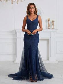 女士正式晚礼服 V领撞色亮片蕾丝拼接网纱鱼尾裙摆正式伴娘礼服 - 藏蓝色 - 查看 4