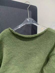 Maglione casual a girocollo in maglia tinta unita a maniche lunghe, stile minimalista, adatto per Natale - Verde - Visualizzare 6