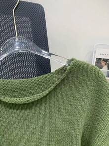 Maglione casual a girocollo in maglia tinta unita a maniche lunghe, stile minimalista, adatto per Natale - Verde - Visualizzare 5