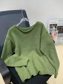 Maglione casual a girocollo in maglia tinta unita a maniche lunghe, stile minimalista, adatto per Natale - Verde - Visualizzare 3