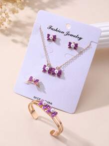 5pcs/Set Girls Bow Decoration Necklace, Bracelet, Earrings, Ring Jewelry Set
