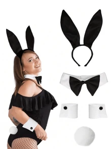 4件套兔耳朵头箍，女士兔女郎服装套装，带绒球尾巴、领结，性感兔女郎套装，兔耳朵头箍，角色扮演服装，兔女郎角色扮演道具 - 黑與白 - 查看 1