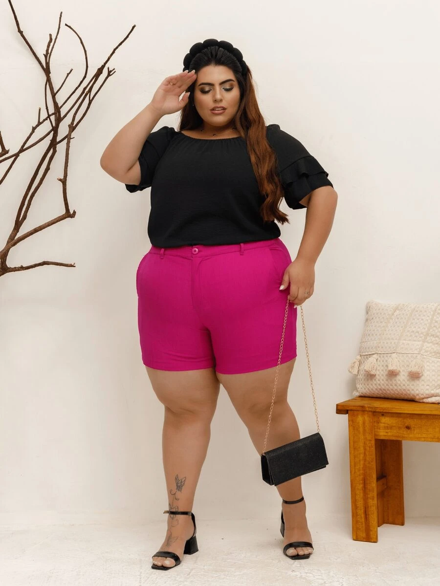 Women's Plus Size Shorts With Tailored Elastane Mid-Thigh Elastic At The Back Italian Hem And Belt Loop - Màu tím - Xem 1